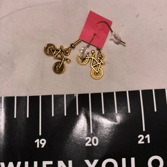 Nordstrom Gold Charm Earrings Bicycle Brass Hook Surgical Earrings NWOT - Picture 3 of 3
